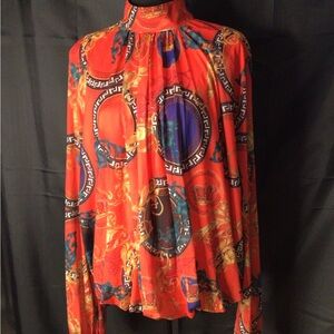 #730.  Orange Purple Graphic Blouse with Mandarin Collar